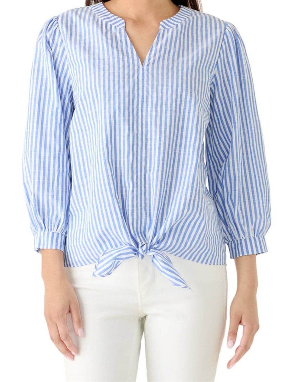 AGB Striped Blue Tie-Hem Women's Blouse